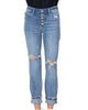 Button Fly Destroyed Boyfriend High-Waist Jean In Blue - thumbnail