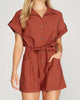 Drop Shoulder Woven Twill Romper With Pockets In Rust - thumbnail