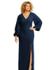 Long Puff Sleeve V-Neck Trumpet Gown - thumbnail