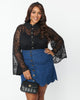 Smak Parlour Plus Size Black Floral Lace Bell Sleeve Blouse - thumbnail