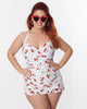 Unique Vintage Plus Size White & Cherry Pin Dot Halter Swim Dress - thumbnail