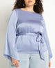 Flare Sleeve Boat Neck Satin Blouse - thumbnail