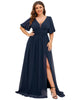 Chiffon Illusion V-Neck Flutter Sleeve Front Slit Evening Dress - thumbnail