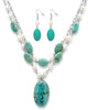 Genuine Turquoise and Freshwater Pearl Silvertone Necklace and Earrings Set - thumbnail
