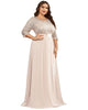 3/4 Sleeves Round Neck Evening Dress With Sequin Bodice - thumbnail