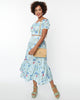 Unique Vintage Blue Floral & Blue Bird Tiered Midi Skirt - thumbnail