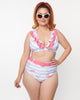 Barbie x Unique Vintage Malibu Beach Print Ruffle Swim Top - thumbnail