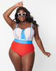 Unique Vintage Nautical Red Pin Dot & Blue Bow Clemente Swimsuit - thumbnail