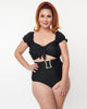 Unique Vintage Black Shirred Bow Bandeau Swim Top - thumbnail