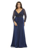 Lace Illusion Long Sleeve V-Neck Draped Gown - thumbnail
