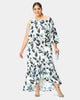 Single sleeve asymmetric leaf print crepe high-low asymetric dress - thumbnail