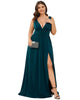 Sleeveless V-Neck Empire Waist High Slit Floor-Length Evening Dress - thumbnail