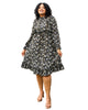 High Neck Ruffle Cuffs Floral Print Black Midi Dress - thumbnail