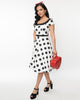 Unique Vintage Ivory & Black Dot Contrast Collared Swing Dress - thumbnail