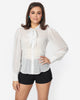 Unique Vintage White Black Pin Dot Tie Neck Gwen Blouse - thumbnail