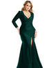 Long Sleeve Draped Wrap Stretch Satin Mermaid Dress with Slight Train - thumbnail