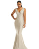Shirred Shoulder Stretch Satin Mermaid Dress with Slight Train - thumbnail