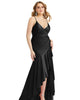 Pleated Wrap Ruffled High Low Stretch Satin Gown with Slight Train - thumbnail