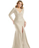 Long Sleeve Draped Wrap Stretch Satin Mermaid Dress with Slight Train - thumbnail