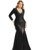 Long Sleeve Draped Wrap Stretch Satin Mermaid Dress with Slight Train - thumbnail