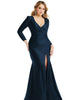 Long Sleeve Draped Wrap Stretch Satin Mermaid Dress with Slight Train - thumbnail