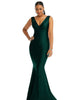 Shirred Shoulder Stretch Satin Mermaid Dress with Slight Train - thumbnail