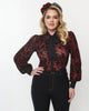 Unique Vintage Burgundy & Black Flocked La Catrina Gwen Blouse - thumbnail