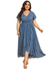 Short Sleeve Ruffled V-Neck A-Line Lace Evening Dress - thumbnail