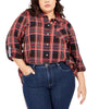 Tommy Hilfiger Women's Plus Size Plaid Button-Front Roll-Tab-Sleeve Cotton Top Red Size 0X - thumbnail