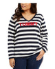 Tommy Hilfiger Women's Plus Cotton Striped V Neck Sweater Blue Size 0X - thumbnail