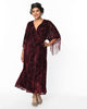 Unique Vintage Burgundy Velvet Floral Burnout Wrap Midi Dress - thumbnail