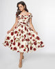 Unique Vintage White & Red Roses Off The Shoulder Tea Length Dress - thumbnail