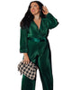 Dark Green Plus Size Pleated Satin Belted V Neck Jumpsuit - thumbnail