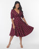Unique Vintage Burgundy & Christmas Tree Delores Swing Dress - thumbnail