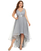 Sleeveless Sequin Ribbon Waist Tulle High Low Evening Dress - thumbnail