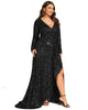 Sequin Long Sleeve V-neck Asymmetrical Hem Evening Dress - thumbnail