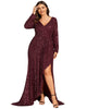 Sequin Long Sleeve V-neck Asymmetrical Hem Evening Dress - thumbnail