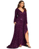 Sequin Long Sleeve V-neck Asymmetrical Hem Evening Dress - thumbnail