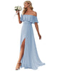 Women's Off Shoulder Ruffle Thigh Slit Bridesmaid Dresses - thumbnail
