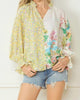 Floral Contrast Print V-Neck Blouse in Lemon And Green - thumbnail