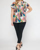 V-Neck Ruffle Sleeve Top in Green Orange Print - thumbnail