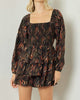 Square Neck Long Sleeve Tiered Romper in Black/Flame Print - thumbnail