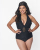 Unique Vintage Black Belted Halter Swimsuit - thumbnail