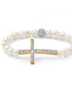 Genuine Cultured Pearl and Crystal Horizontal Cross Stretch Bracelet Goldtone - thumbnail