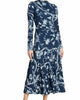 Long Sleeve Floral Jersey Midi Dress With Drawstring In Indigo - thumbnail