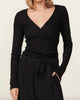 Rib Long Sleeve Wrap Top in Black - thumbnail