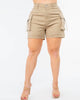 High Waist Utility Cargo Shorts In Khaki - thumbnail