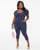 Unique Vintage Navy & Pink Strawberry Stamp Belted Jumpsuit - thumbnail
