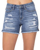 Denim Patch Cutoff Side Slit Short In Medium Blue - thumbnail