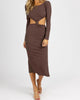 Long Sleeve Front Twist Midi Dress In Chocolate - thumbnail